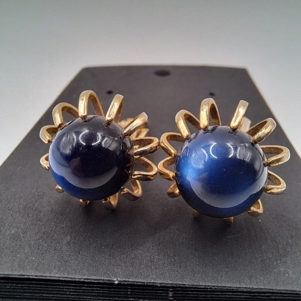 Vintage MCM Gold Tone Ball Cage Cufflinks Cobalt Blue Cabochon Pat Pend Unsigned